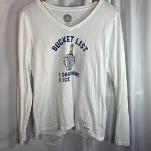 Life Is Good Size Long Sleeve  V-neck Bucket List Champagne Crusher Tee MED EUC